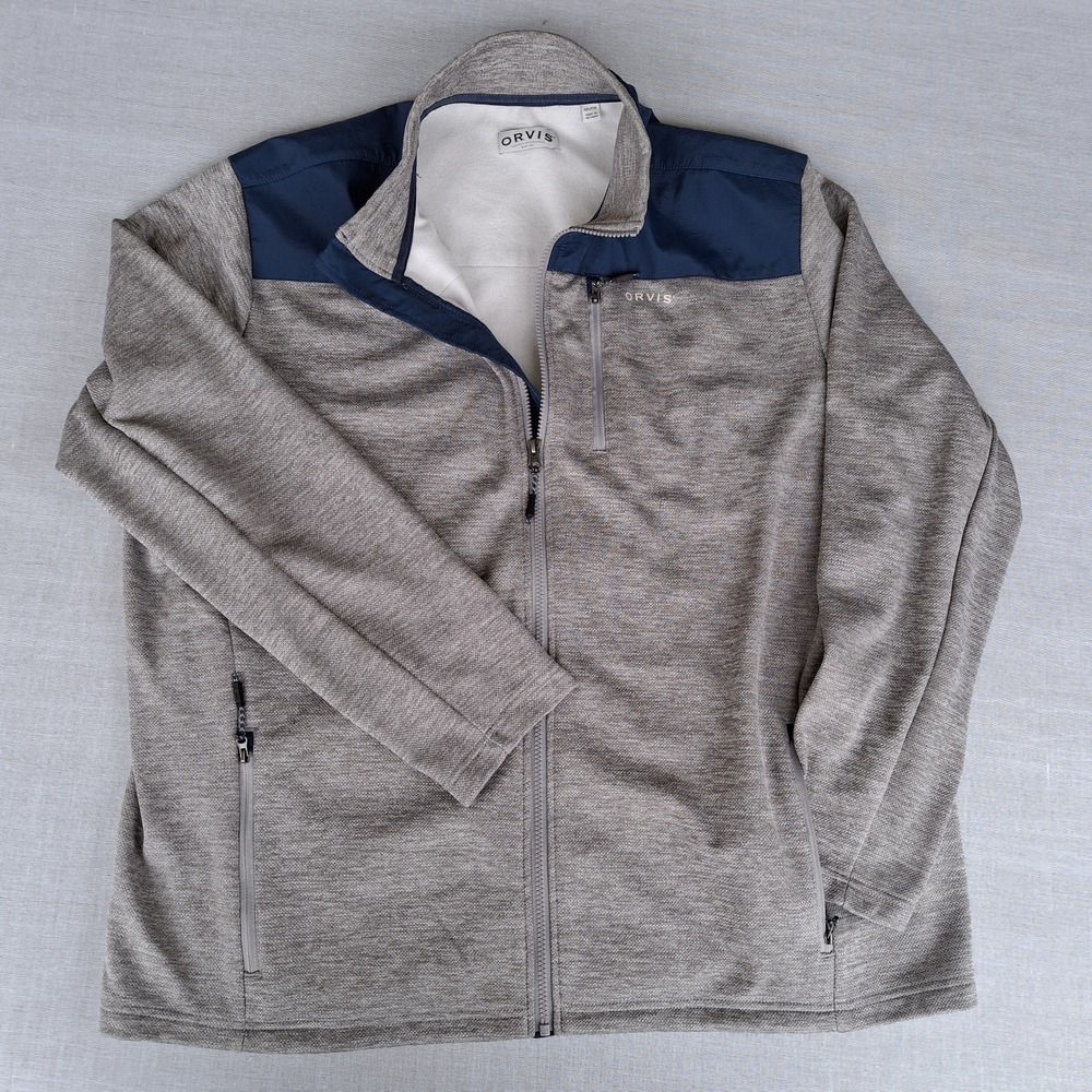 Orvis Full Zip Jacket Mens XXL Grey Navy Heathered Fleece Lined Mock Neck